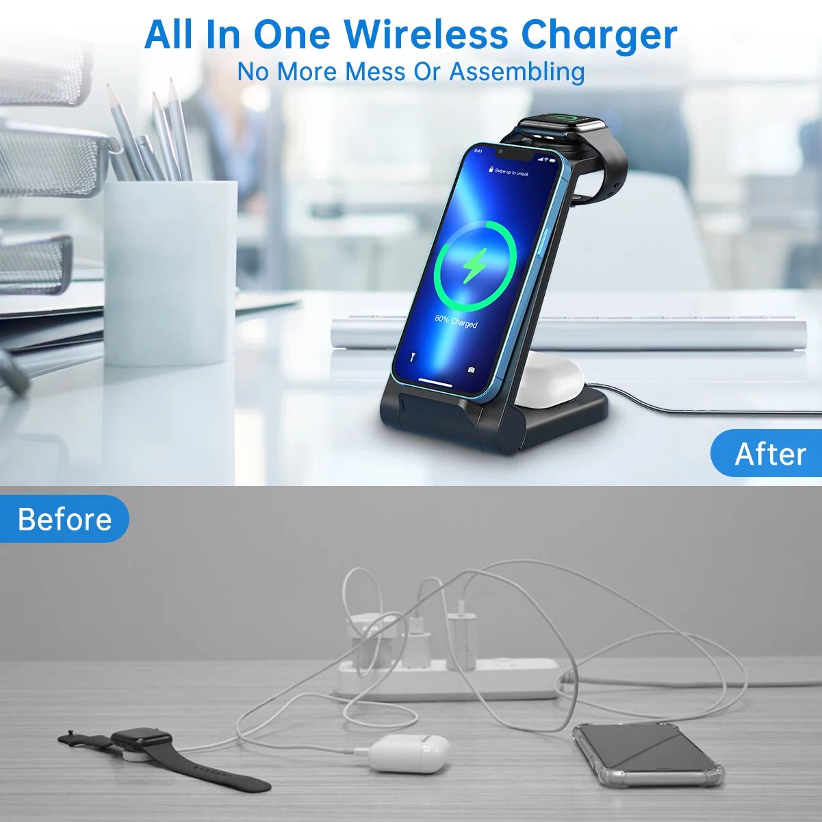 Fast Wireless Charger Station, 23W Wireless Charging Stand for Iphone 16/15/14/13/13 Pro/ 12/12 Pro/11/Xs Max/Xr/X/Galaxy S23 S22 S21 S10, Charging Station for Airpods 4/3/2/Pro, Iwatch Series